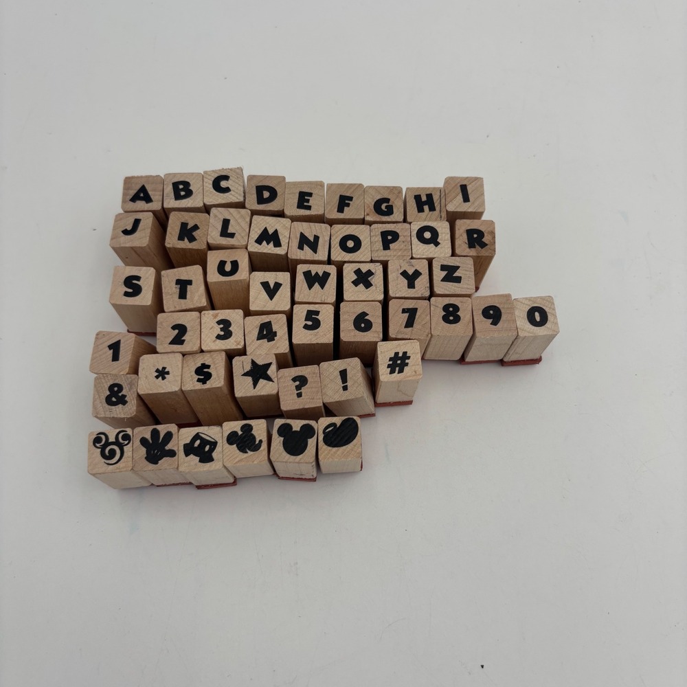 Disney Mickey Mouse Alphabet Number Stamp Set Tan Excellent Wooden Rubber 48pc
